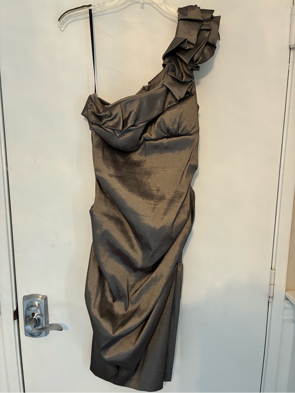 Xscape One-Shoulder Ruffle Cocktail Dress in Metallic Gray